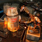 A droid works on another droid in the Droid repair room