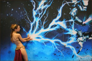 Slave Leia (Christy Marie) using Force Lightning against two Stormtroopers