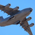 A C-17A Globemaster III banks overhead at the 2009 Edwards AFB Airshow