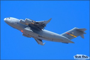 A C-17A Globemaster III climbs into the sky at the 2009 Edwards AFB Airshow