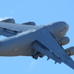 A C-17A Globemaster III raises into the skies at the 2010 March ARB Airshow