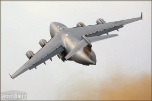 A C-17 Globemaster III raises up into the skies at the 2008 Riverside Airshow