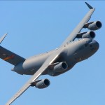 A C-17A Globemaster III banks overhead at the 2009 Riverside Airshow