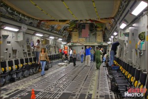 In the main cargo bay of the C-17 Globemaster III in flight