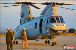 Crew members check a CH-46E Sea Knight at MCAS Miramar