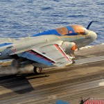 An EA-6B Prowler is catapulted off the deck of the USS Abraham Lincoln Aircraft Carrier