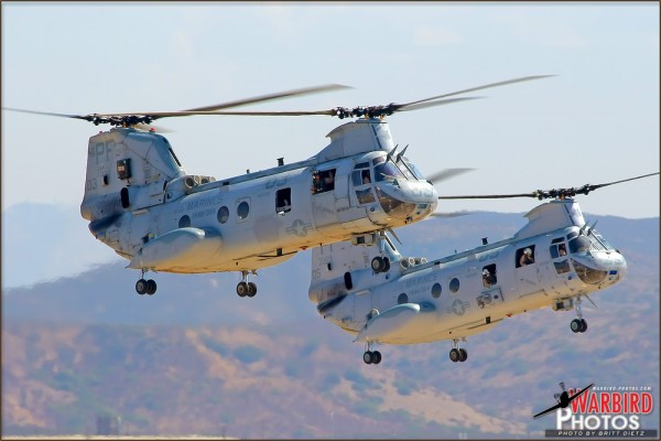 Two CH-46E Sea Knight helicopters perform a rapid entry and deployment at the 2011 MCAS Miramar Airshow