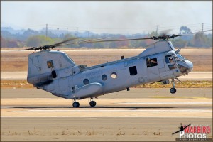 A Ch-46E Sea Knight carrying troops makes a rapid landing during the Marine Air Ground Task Force at the 2011 MCAS Miramar Airshow