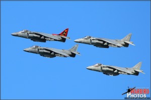 Four Marine AV-8B Harrier IIs pass in formation at the Centennial of Naval Aviation Celebration 2011