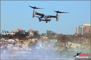 An MV-22 Osprey performs a demo over the water at the Centennial of Naval Aviation Celebration 2011