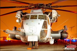 A Sikorsky CH-53E Super Stallion sits at night at the Gillespie Field Airport