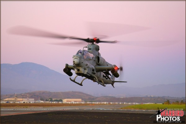 A US Marine Bell AH-1Z Viper lifts off from the former MCAS El Toro base.