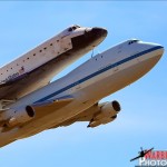 Space Shuttle Endeavour makes a pass over LAX attached to a NASA SCA 747